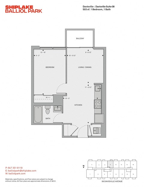 Floor plan for 1 bed, 1 bath, 503 sqft